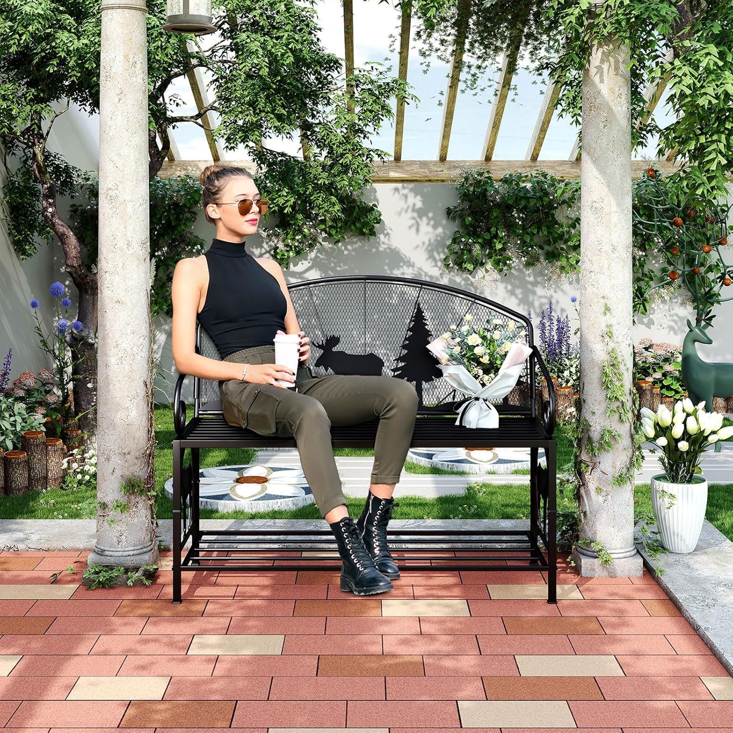 Outdoor Bench, Garden Bench with Backrest and Armrests, Patio Bench with Forest Series Pattern, Anti- Rust Thickened Metal Bench Outdoor for Garden, Yard, Patio, Porch, Lawn and Park