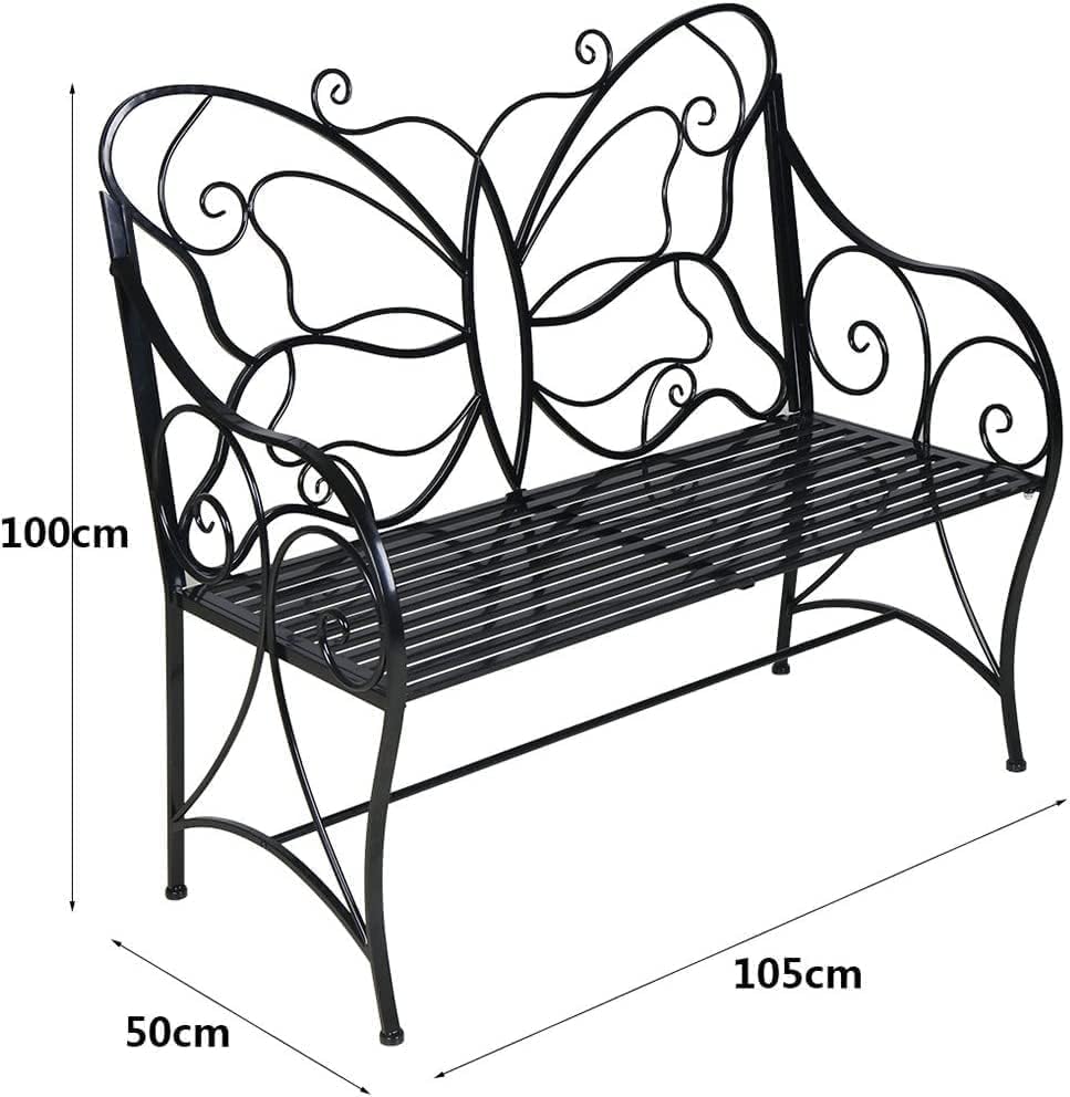 HLC Outdoor Bench Patio Outdoor Sturdy Rust-Resistant Garden Bench Butterfly Cast Iron Metal with Armrests for Garden, Park,Yard, Patio, Porch, Lawn Double Seats Black