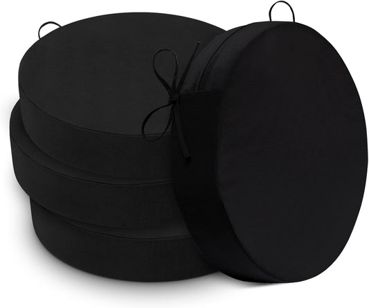 Cozyide Waterproof Outdoor Bistro Chair Cushions with Non-Slip Ties, Thickened Round Outdoor Cushions with Removable Covers, 4 Pack, 15"x15"x3", Black