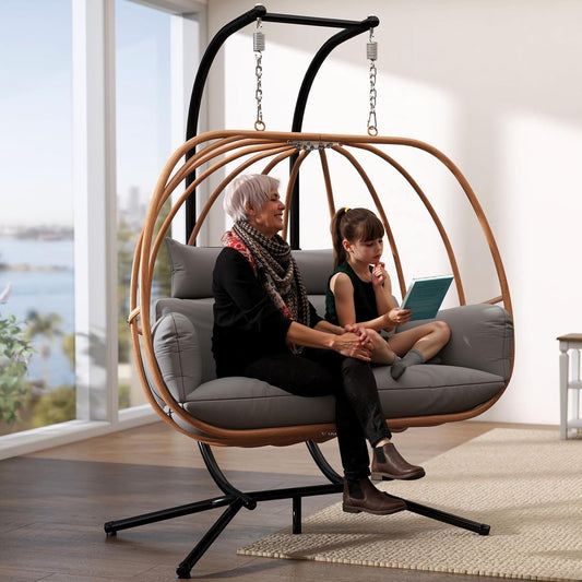 Double Egg Chair with Stand, Oversized Egg Chair Outdoor, 2-Person Hanging Eggs Chairs, 600Lbs Sturdy Loveseat Swinging Chair for Balcony, Patio, Deck, Grey