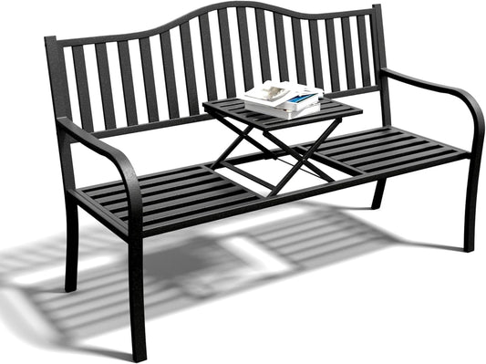 SHGJ&SOFT Outdoor Bench, Garden Bench, Cast Iron Metal Frame Patio Park Bench with a Small Table, for Porch, Lawn, Garden, Yard (D2644BK-1)