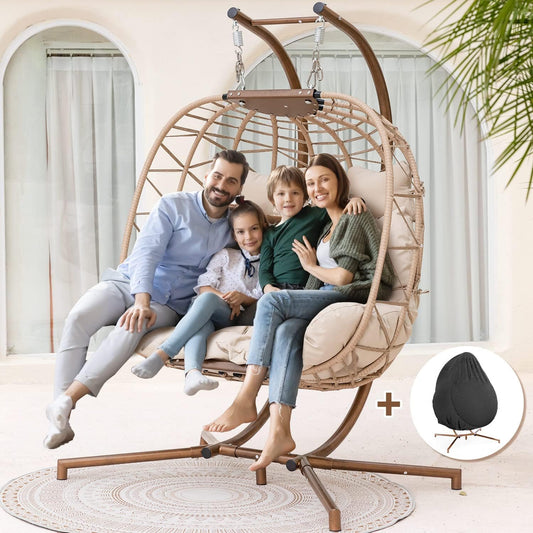NICESOUL Oversized 2 Person Double Egg Chair Indoor Outdoor, Wide Large Swing Chair with Stand, All-Weather Patio Hanging Egg Hammock Seating, 700lbs Sturdy Porch Swings for Backyard, Cream with Cover