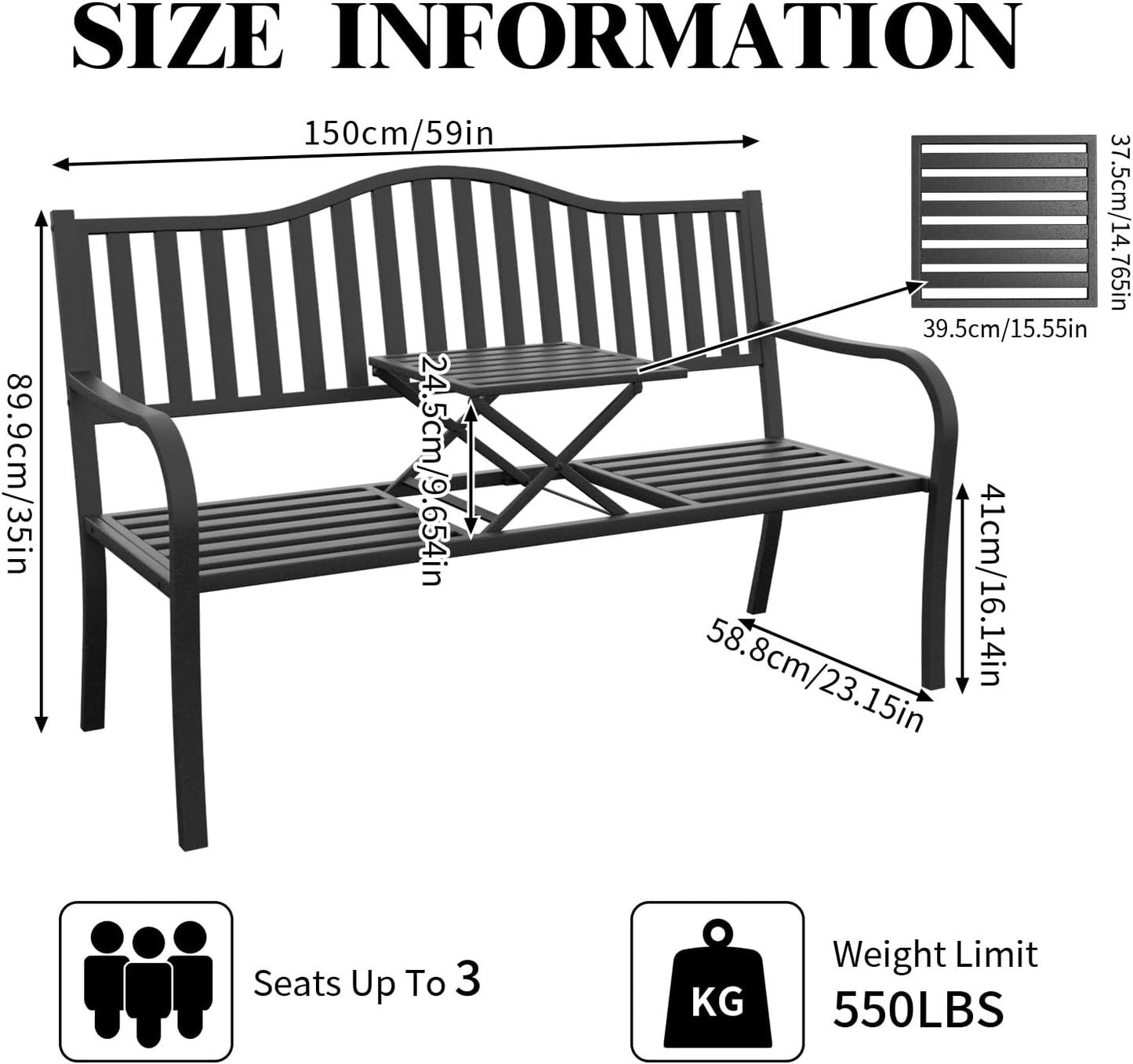 SHGJ&SOFT Outdoor Bench, Garden Bench, Cast Iron Metal Frame Patio Park Bench with a Small Table, for Porch, Lawn, Garden, Yard (D2644BK-1)