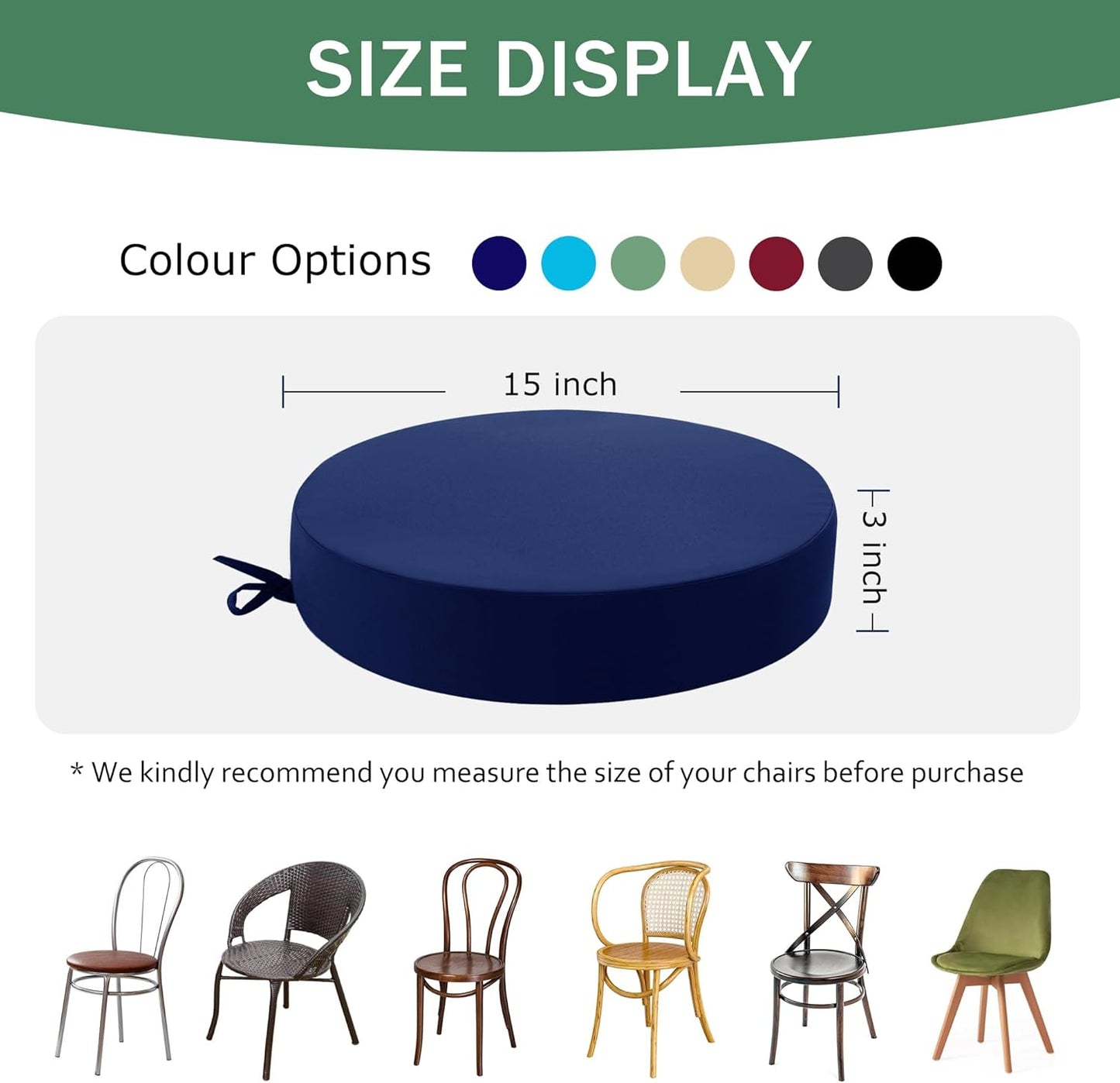 Outdoor Bistro Chair Cushions Set of 2, 15" D x 3" H Round Chair Cushions Waterproof and Fade Resistant Chair Cushion Pads with Non-Slip Ties and Removable Covers for Garden, Navy Blue