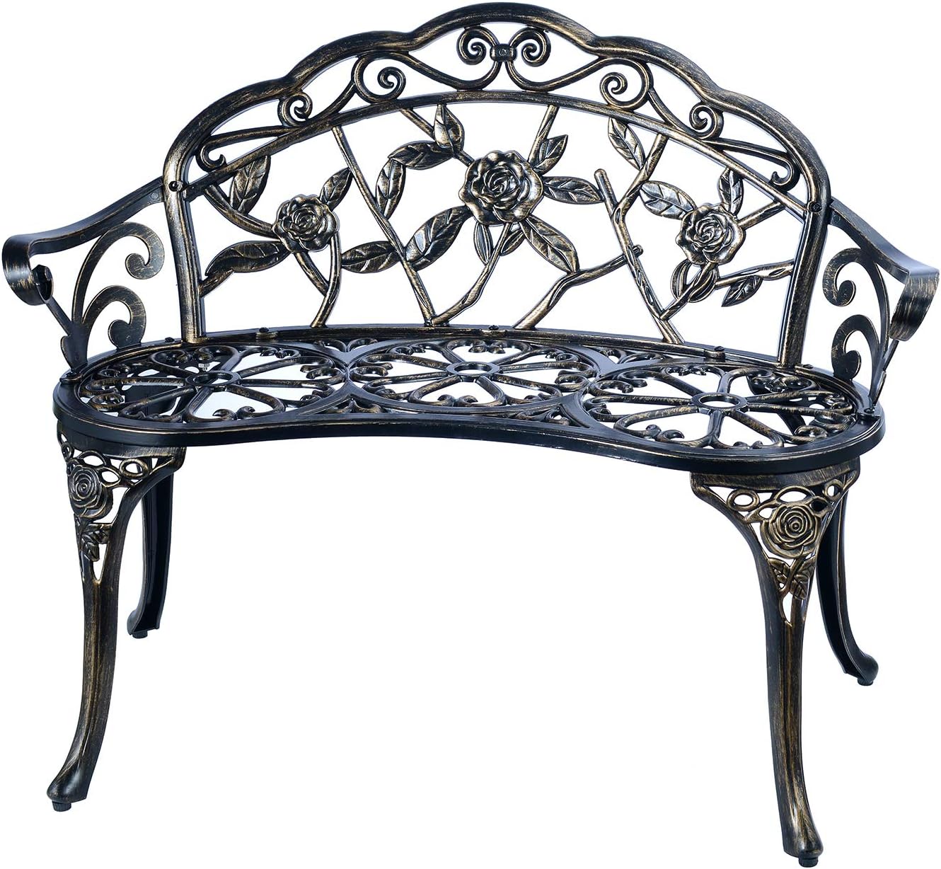 C/G Patio Balcony Bench Double Seat, Anti-Rust Cast Aluminum Patio Garden Bench for Park Yard Outdoor Furniture Copper