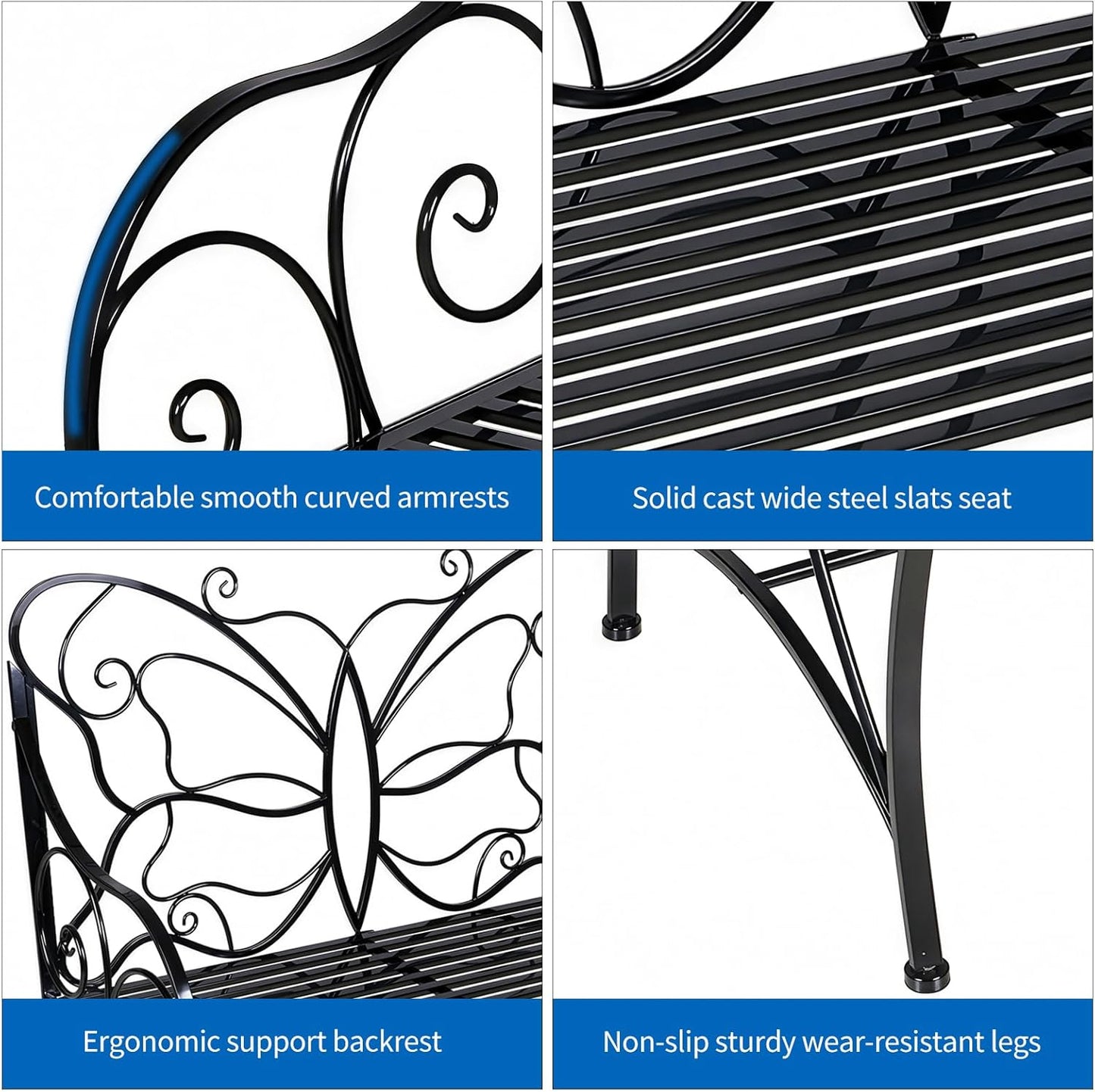 HLC Outdoor Bench Patio Outdoor Sturdy Rust-Resistant Garden Bench Butterfly Cast Iron Metal with Armrests for Garden, Park,Yard, Patio, Porch, Lawn Double Seats Black
