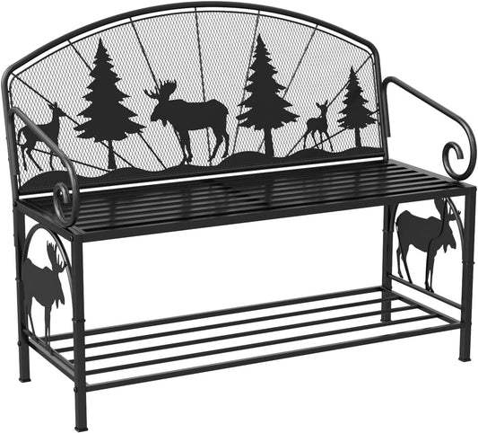 Outdoor Bench, Garden Bench with Backrest and Armrests, Patio Bench with Forest Series Pattern, Anti- Rust Thickened Metal Bench Outdoor for Garden, Yard, Patio, Porch, Lawn and Park