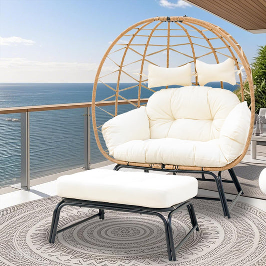 Double Wicker Outdoor Egg Chair,Lounge Chair with Ottoman,Oversized Patio Chair with Footrests,Cushions, Outdoor Indoor Rattan Chair (Webbing, White)