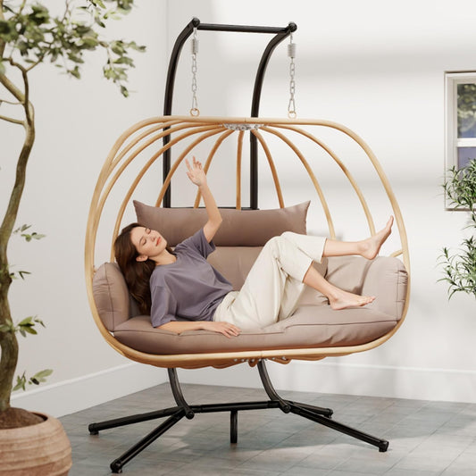 Outdoor Egg Chairs, 2 Person Double Egg Swing Chair with Stand, Patio Swing Chair with Cushions/Headrest, 80" Height Hanging Chair with Stand Indoor, Metal Basket Seat for Bedroom, Khaki