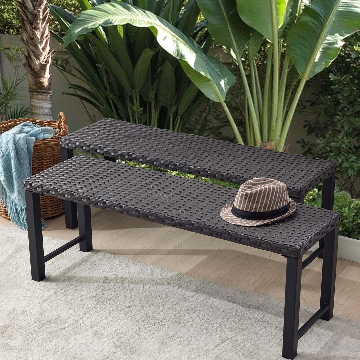 Grey Outdoor Backless Bench for Garden, Set of 2, Metal Outdoor Bench Weatherproof, Patio Benches for Outdoors, Benches Seat for Backyard, Porch, Plant Stand and Holder
