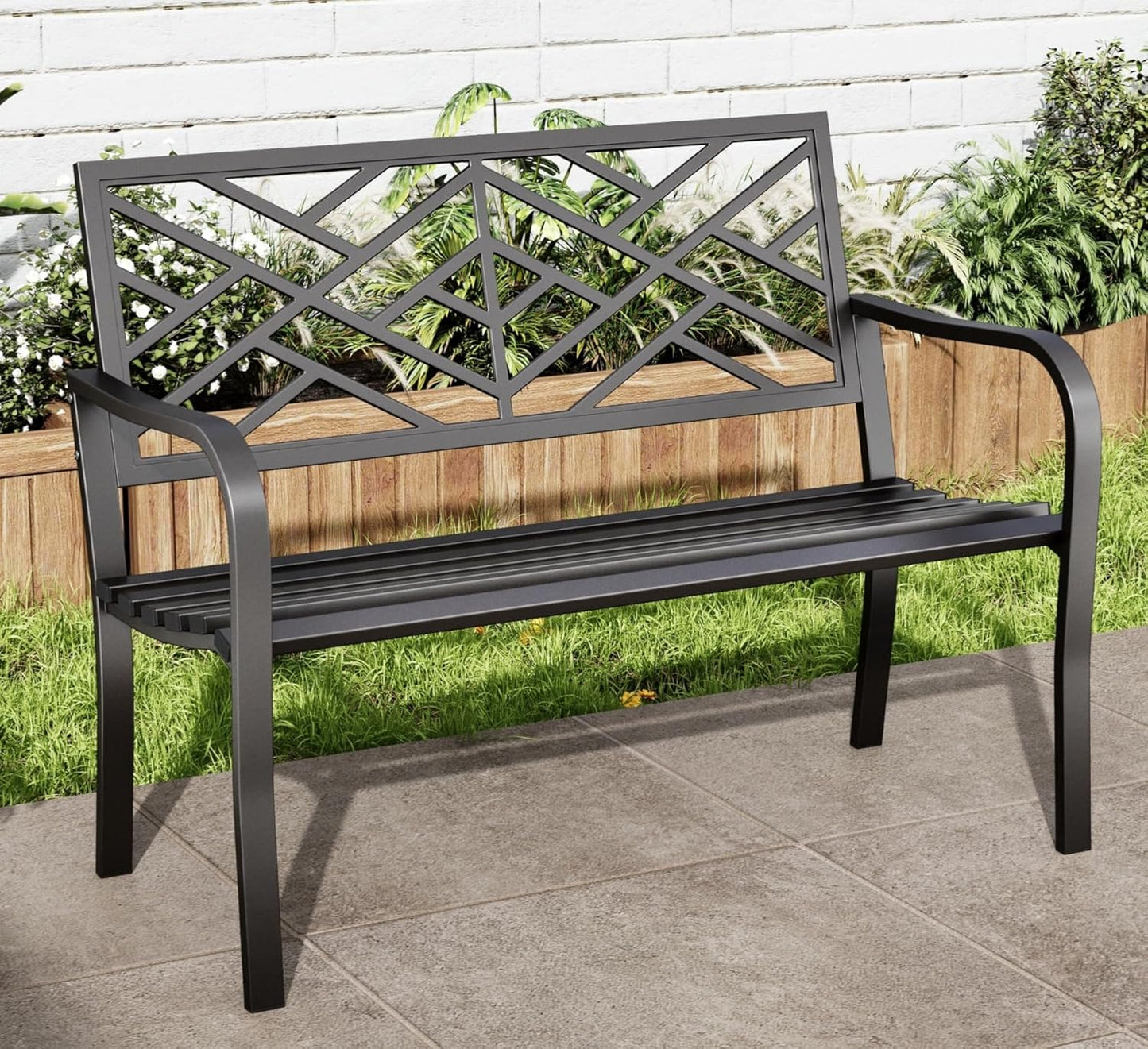 MFSTUDIO 43.7 Inches Outdoor Garden Bench, Cast Iron Metal Frame Patio Park Outside Benches with Geometric Pattern Backrest for Front Porch, Black