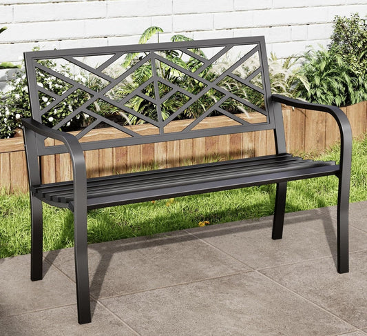 MFSTUDIO 43.7 Inches Outdoor Garden Bench, Cast Iron Metal Frame Patio Park Outside Benches with Geometric Pattern Backrest for Front Porch, Black