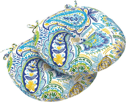 LVTXIII Outdoor All Weather Bistro Seat Cushions, Comfortable Fluffy Tufted Patio Chair Cushions Round 15”x15”x4” Set of 2 for Home Garden Furniture, Paisley Blue