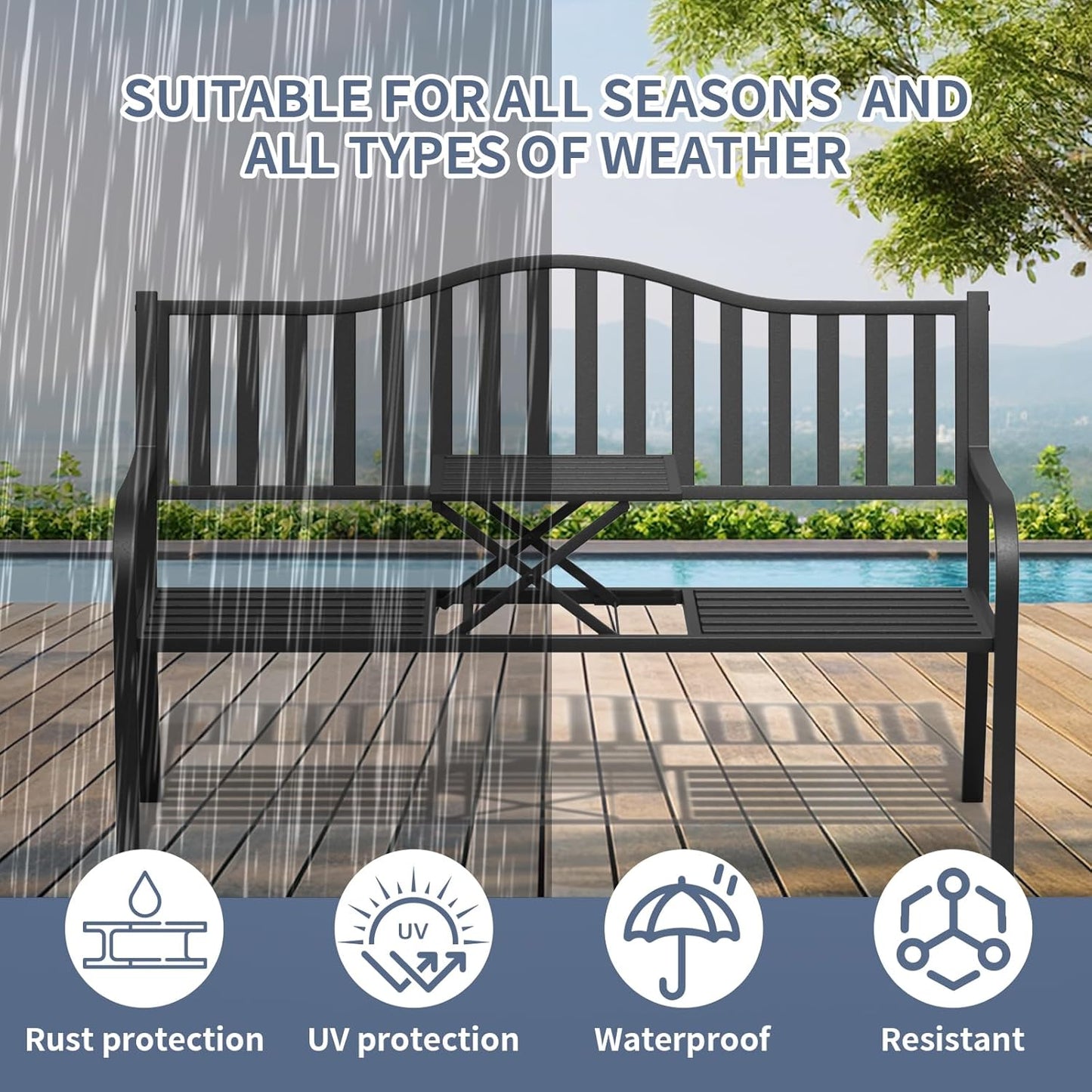 SHGJ&SOFT Outdoor Bench, Garden Bench, Cast Iron Metal Frame Patio Park Bench with a Small Table, for Porch, Lawn, Garden, Yard (D2644BK-1)