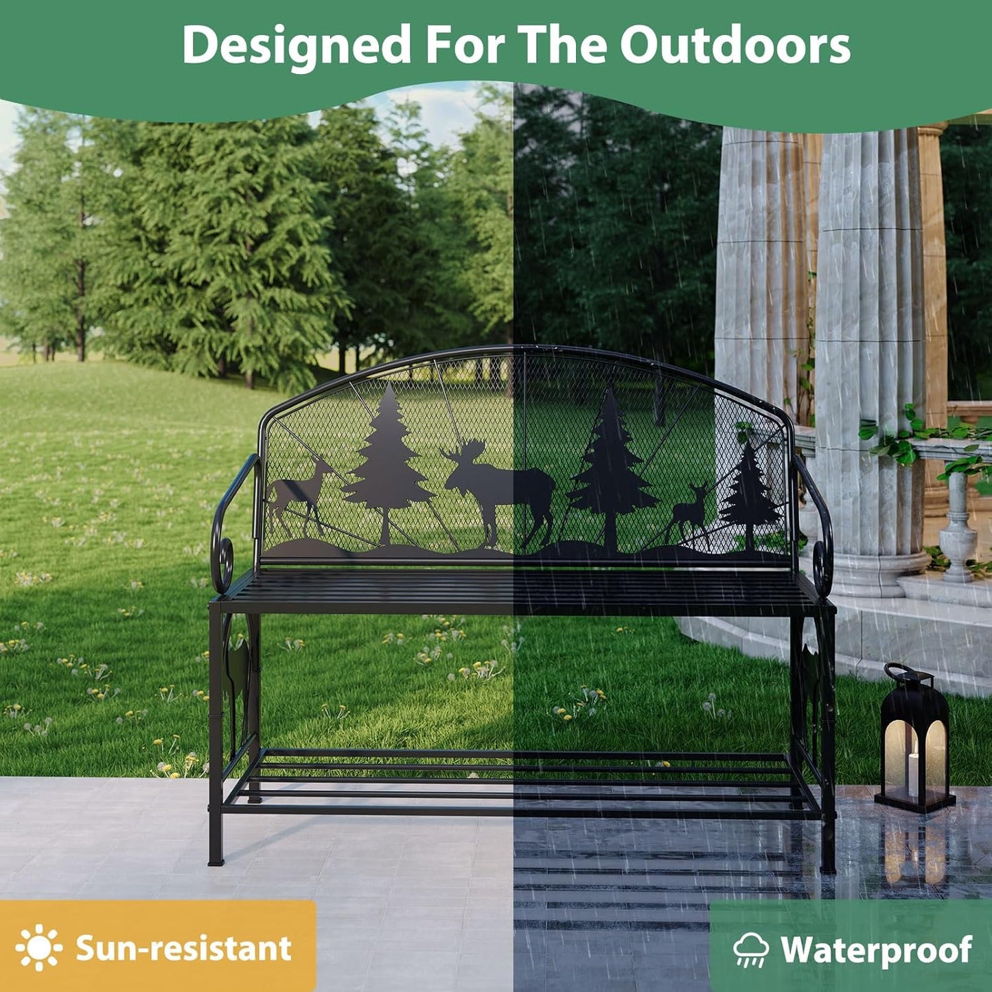 Outdoor Bench, Garden Bench with Backrest and Armrests, Patio Bench with Forest Series Pattern, Anti- Rust Thickened Metal Bench Outdoor for Garden, Yard, Patio, Porch, Lawn and Park