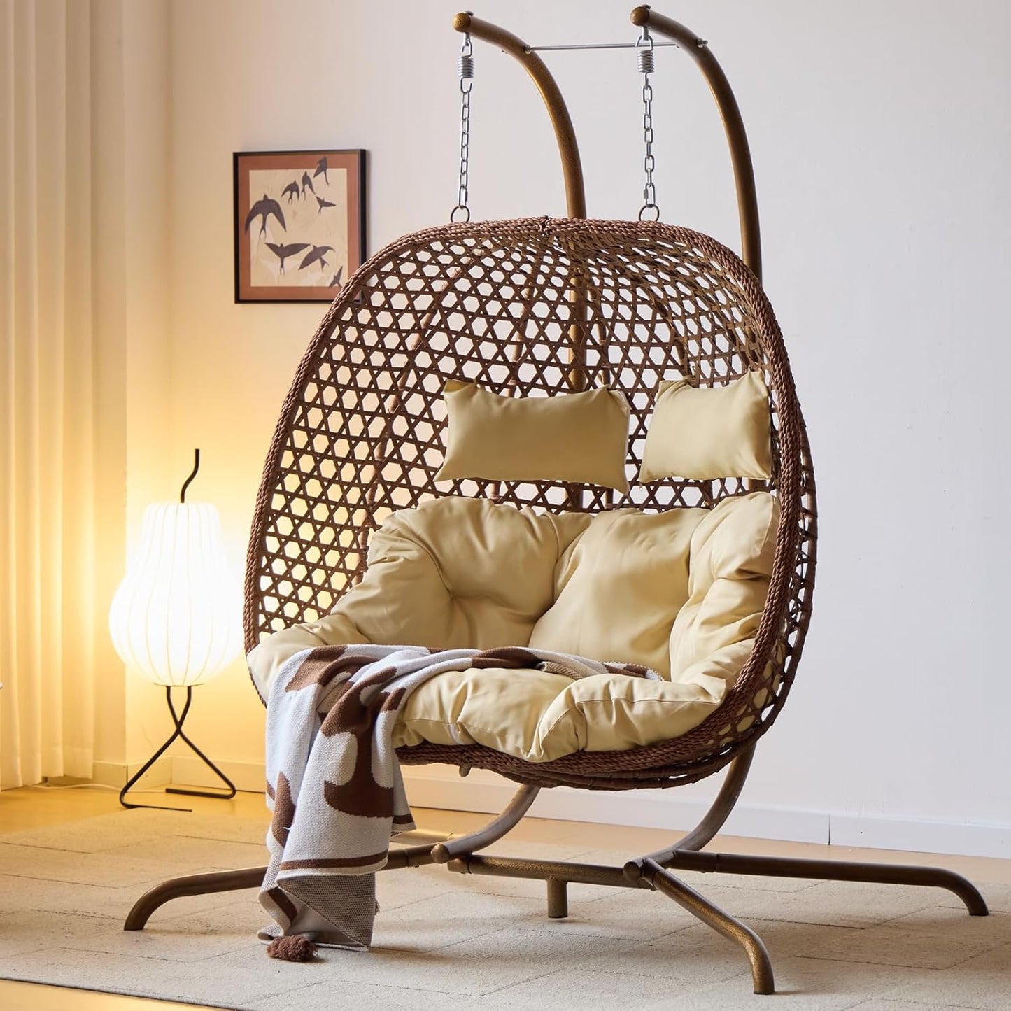 Double Hanging Swing Egg Chair with Stand, Hexagon Wicker Hammock Swing Chair for Outdoor Garden Patio, 2 Person Egg Chair with Foldable Loveseat Removable Cushions (Dark Grey)
