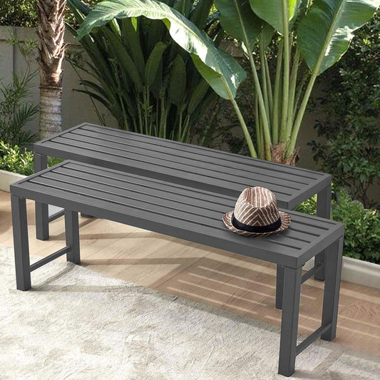 Grey Outdoor Backless Bench for Garden, Set of 2, Metal Outdoor Bench Weatherproof, Patio Benches for Outdoors, Benches Seat for Backyard, Porch, Plant Stand and Holder