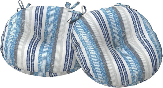 Outdoor Bistro Chair Cushions, Water Repellent Furniture Chair Pads Set of 2, Round Pillow for Decoration Home and Garden, 15”x15”x4”, Stripe Layered Blue