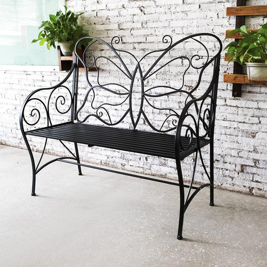 HLC Outdoor Bench Patio Outdoor Sturdy Rust-Resistant Garden Bench Butterfly Cast Iron Metal with Armrests for Garden, Park,Yard, Patio, Porch, Lawn Double Seats Black