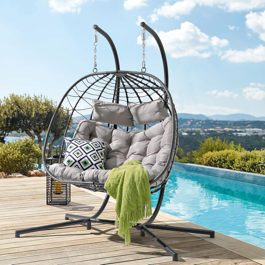 Patiorama 2 Person Double Egg Swing Chair with Stand Indoor Outdoor, Patio Wicker Rattan Hanging Egg Chair w/Cushion, Pillow, Foldable Hammock Chair 550lbs for Bedroom, Balcony, Garden (Light Grey)