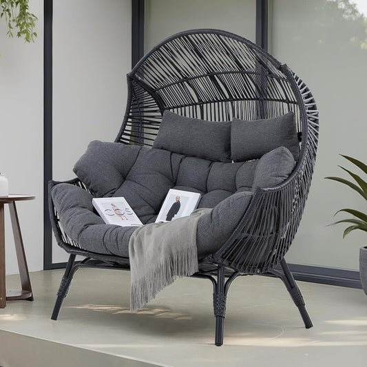 IRONCK Double Egg Chair Outdoor, 2 Person Wicker Lounge Chair, Oversized Thickened Padded Cushions and Headrests, 680 Lbs Egg Loveseat for Indoor, Patio, Living Room, Porch, Balcony, Dark Grey