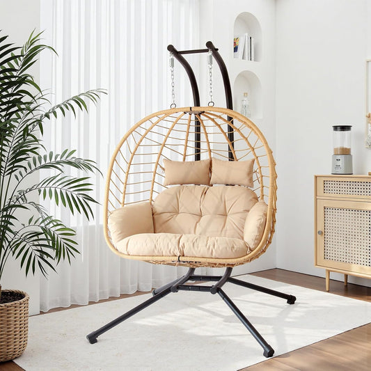 Double Egg Chair with Stand, Patio Wicker Hanging Swing Egg Chair Thickened, Galvanized Pipe Steel Frame and UV Resistant Cushion for Bedroom Garden Indoor Outdoor, 440LBS Capacity (Natural Beige)