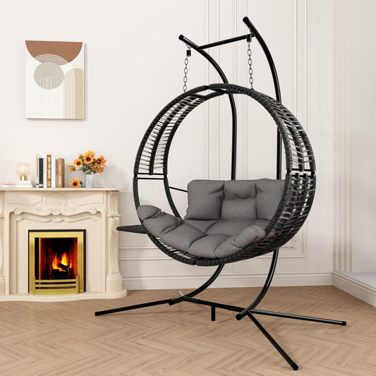 Hanging Double Egg Chair with Stand, Oversized 2 Person HDPE Rattan with Convertible Armrest for Reclining with All-Weather Cushion and Heavy Duty Frame for Indoor Outdoor, 700Lbs Capacity (Black)