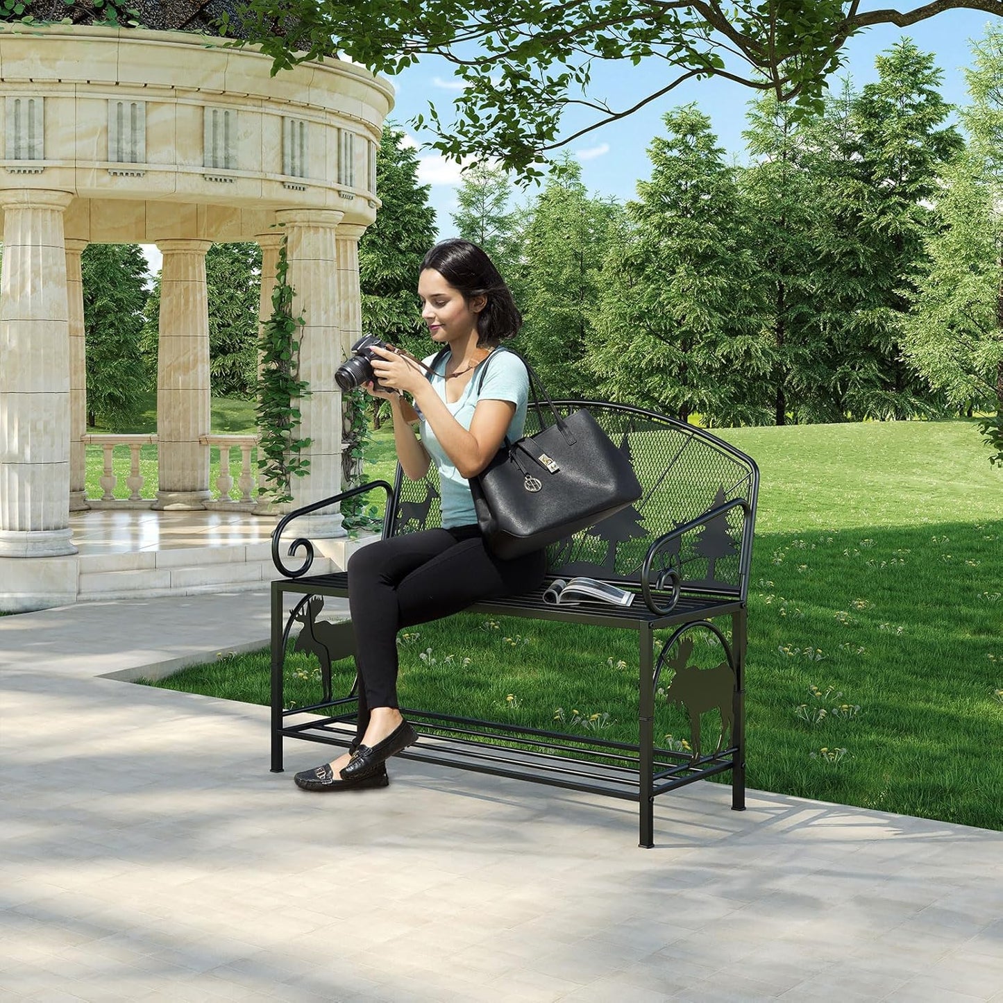 Outdoor Bench, Garden Bench with Backrest and Armrests, Patio Bench with Forest Series Pattern, Anti- Rust Thickened Metal Bench Outdoor for Garden, Yard, Patio, Porch, Lawn and Park