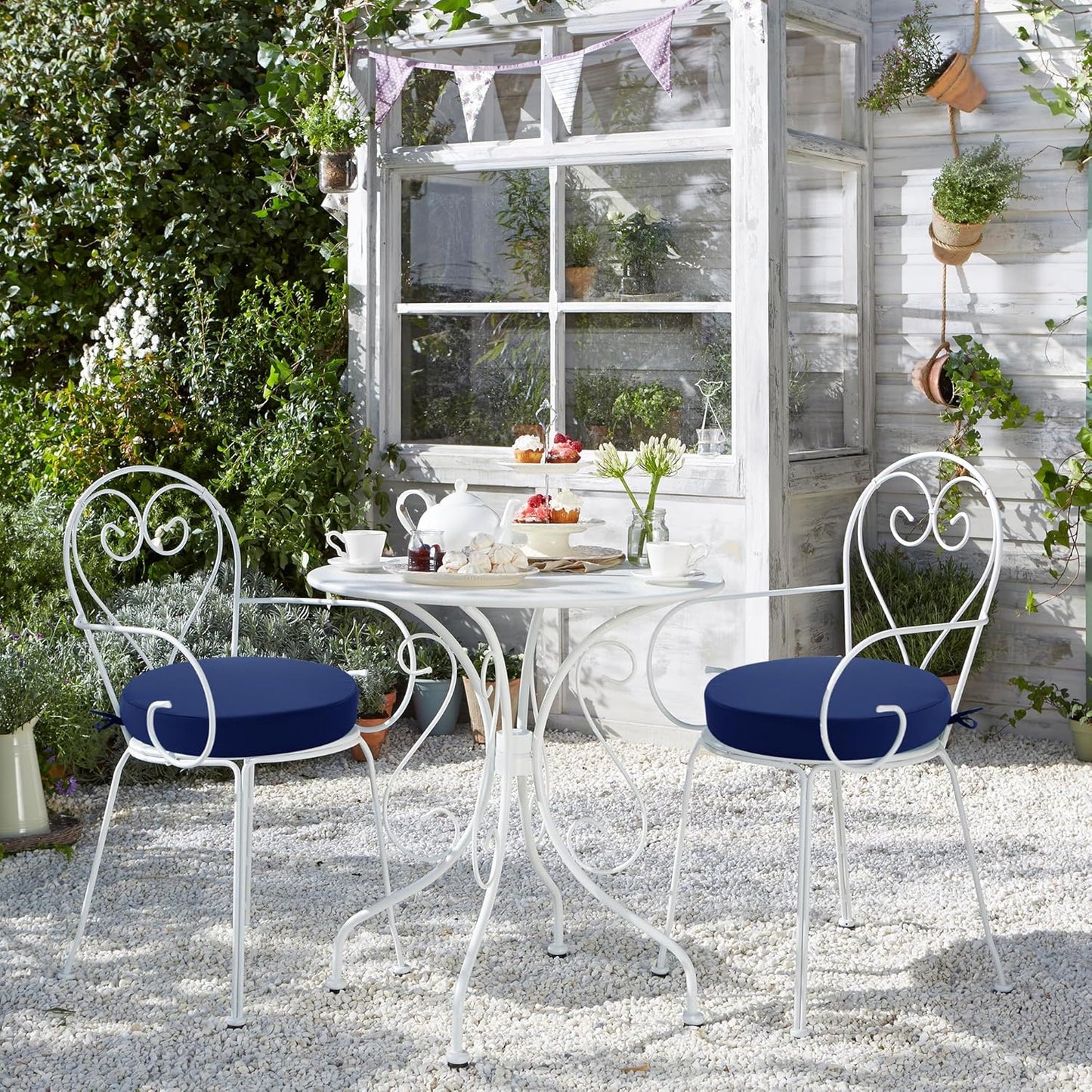 Outdoor Bistro Chair Cushions Set of 2, 15" D x 3" H Round Chair Cushions Waterproof and Fade Resistant Chair Cushion Pads with Non-Slip Ties and Removable Covers for Garden, Navy Blue